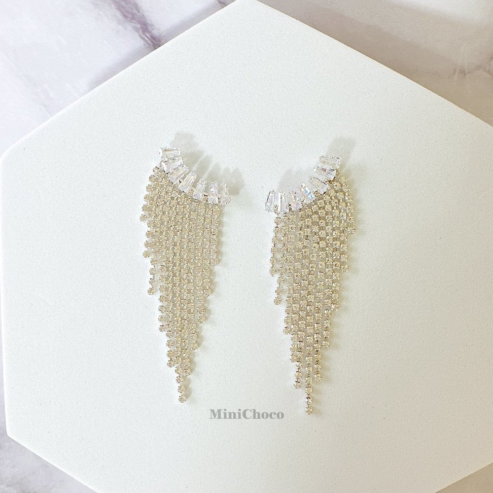 Silver Tone CZ Curved Tapered Baguette Cascading Earrings